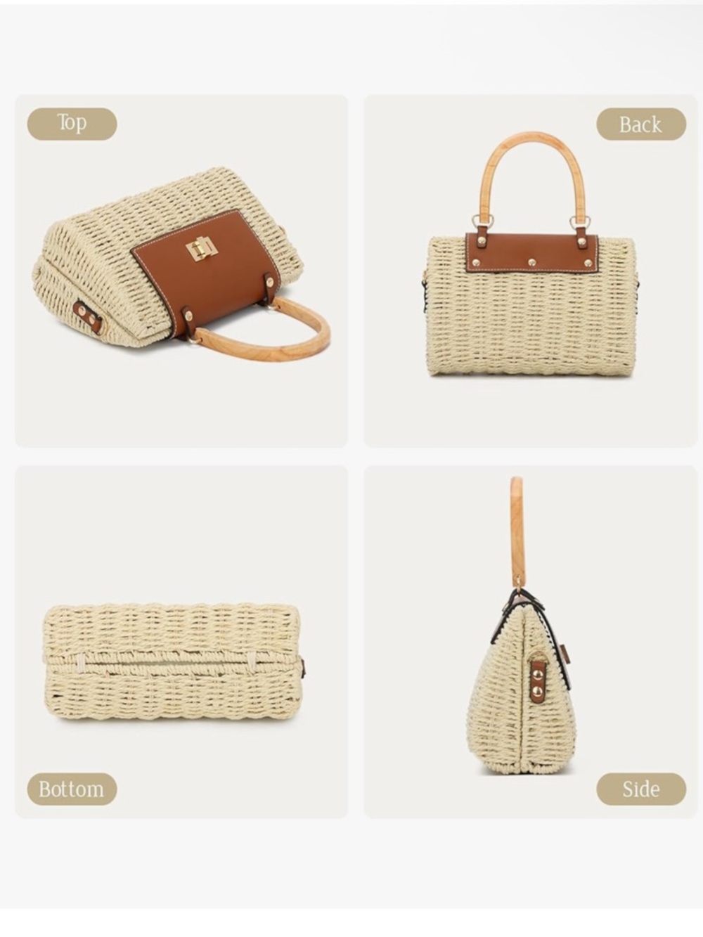 Woven Straw Crossbody with Brown Leather Flap and Top Handle - Picture 6 of 7